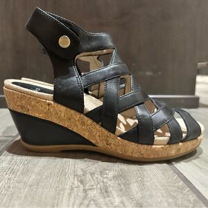 Dansko Black Leather Cork Wedge Sandals